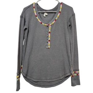 We The Free Grey Henley Top Rainbow Trim Long Sleeve Thermal Cozy Boho SM Flaw